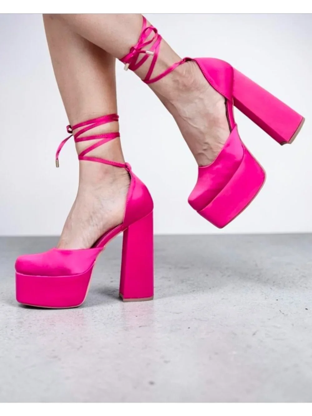 Hot Pink Block Heel Satin Platform Pumps With Ankle Straps - Womens Shoes